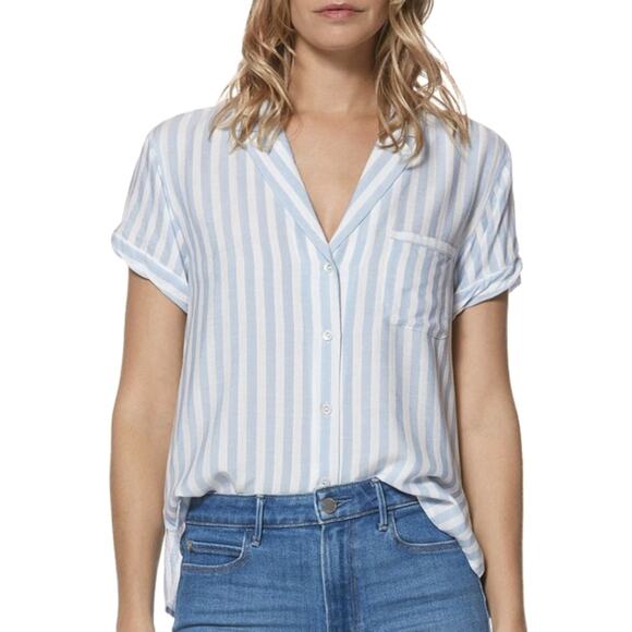PAIGE Colwyn Striped Shirt In Ice Blue Cove Stripe Womens S 100% Rayon Button Up - Picture 1 of 10